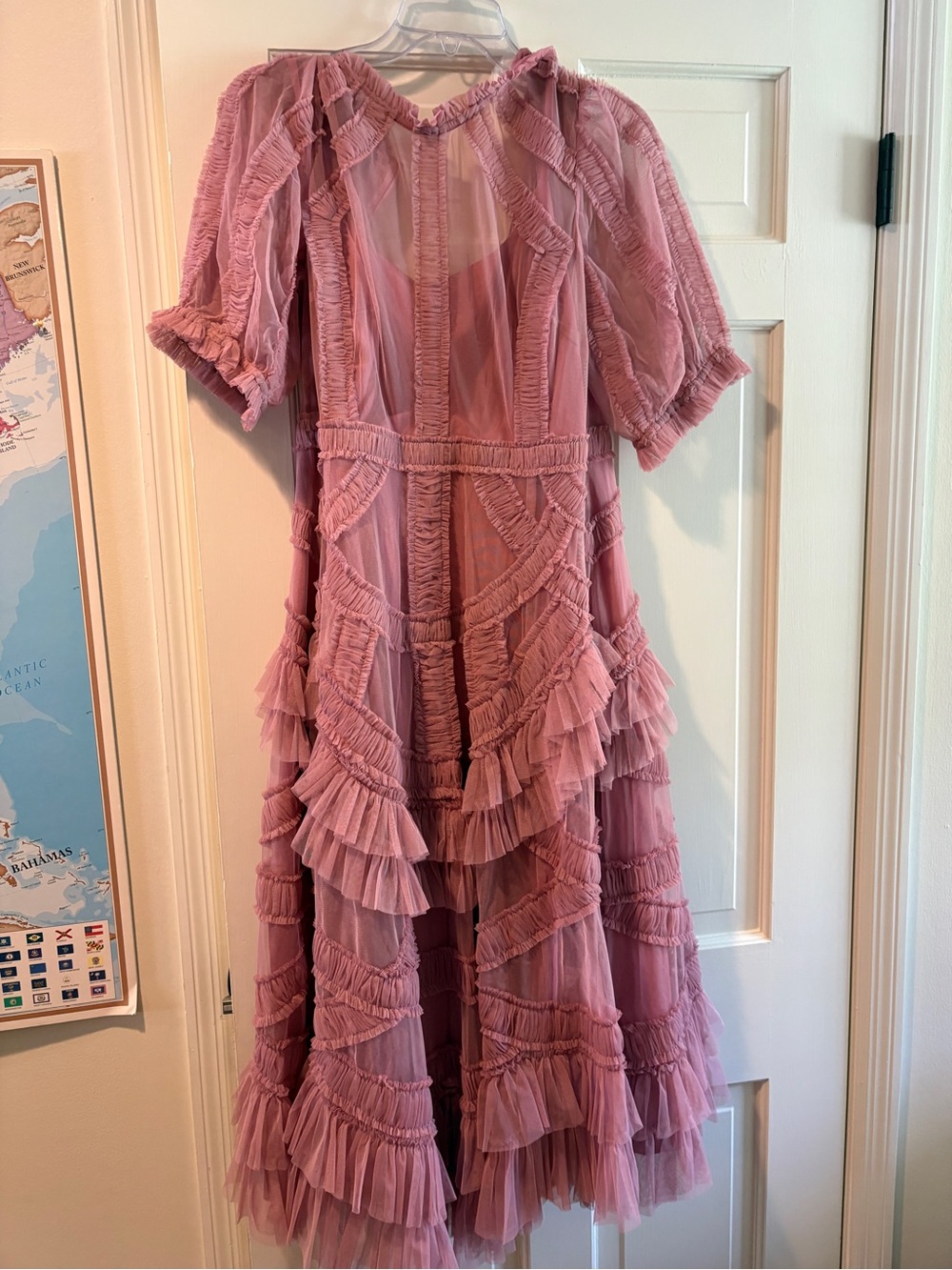 Mac Duggal Light Pink Ruffled Tulle Midi Dress